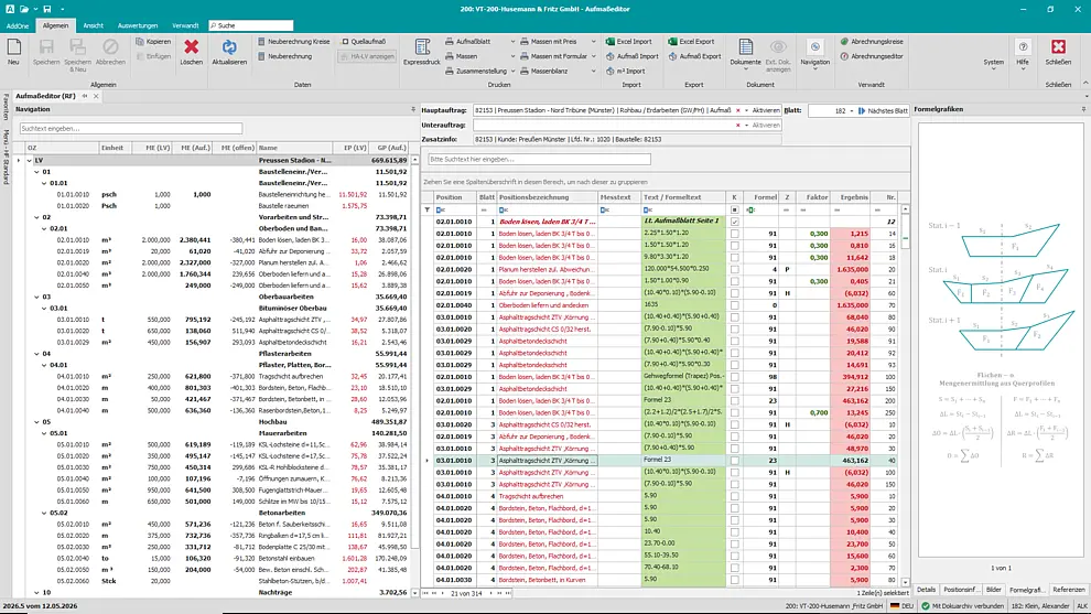 Aufmaßeditor in der Bausoftware mit strukturierter LV-Gliederung, Formelansicht und Formelgrafiken – Preußen Stadion Münster als Beispielprojekt