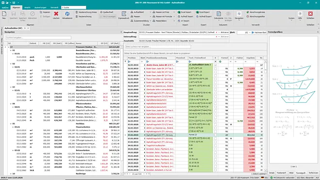 Aufmaßeditor in der Bausoftware mit strukturierter LV-Gliederung, Formelansicht und Formelgrafiken – Preußen Stadion Münster als Beispielprojekt