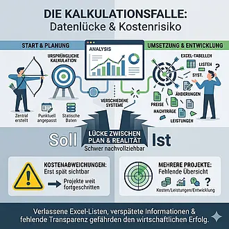 Infografik zur Kalkulationsfalle im Bauwesen: Vergleich zwischen ursprünglicher Planung (Soll) und realer Entwicklung (Ist) mit Fokus auf unübersichtliche Excel-Daten.