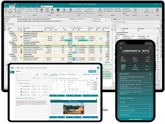 Screenshot einer Baumanagement-Software auf einem Desktop-Monitor sowie einer Tablet- und Smartphone-App mit Projekt- und Terminübersichten.