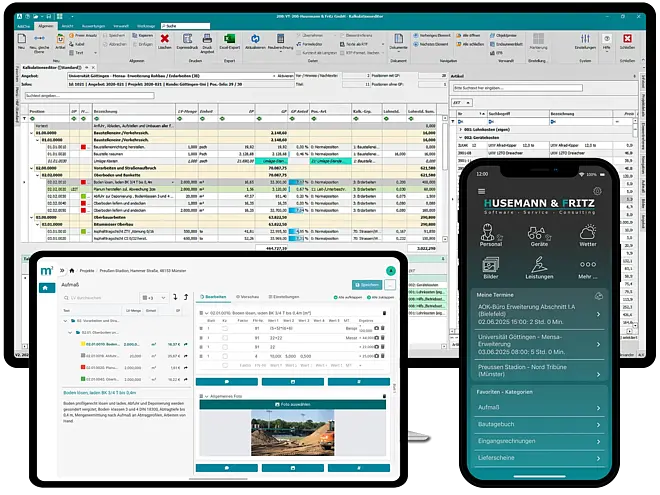 Screenshot einer Baumanagement-Software auf einem Desktop-Monitor sowie einer Tablet- und Smartphone-App mit Projekt- und Terminübersichten.