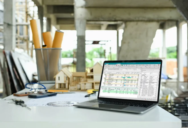 Bauleiter auf der Baustelle nutzt ein Tablet mit digitalem Kalkulationseditor zur Projektplanung und Dokumentation.