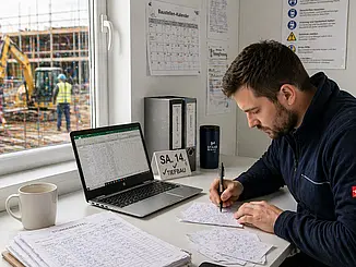 Bauleiter füllt handschriftliche Stundenzettel im Container aus, während im Hintergrund ein Bagger arbeitet.