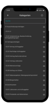 Ansicht der Dokumentenkategorien in AppOne. Die mobile Bauakte zeigt eine klar strukturierte Gliederung von Ausschreibungsunterlagen, Vertragsunterlagen und Schriftverkehr. Jede Kategorie ist nummeriert und ermöglicht schnellen Zugriff auf projektbezogene Dokumente.