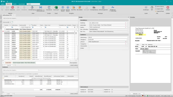 Screenshot aus Pro-Bau/S® AddOne: Lieferscheine im Rechnungseingangsbuch mit Belegdetails und Projektzuordnung.
