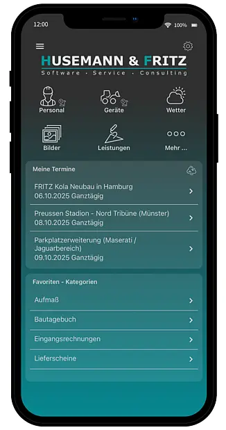 Smartphone mit dem Startbildschirm der Bau-App AppOne von Pro-Bau/S® AddOne mit Menüübersicht für Leistungsmerkmale und mobile Baustellendokumentation.
