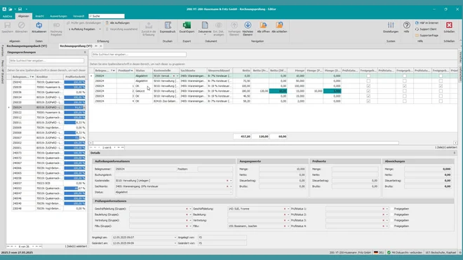Screenshot der digitalen Rechnungsprüfung in Pro-Bau/S® AddOne mit Positionsebene und Prüferzuordnung.