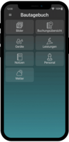 Startbildschirm der mobilen AppOne Bautagebuch-App von Pro-Bau/S® AddOne mit Funktionen für Bilder, Buchungsübersicht, Geräte, Leistungen, Notizen, Personal und Wetter.