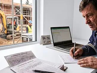 Bauleiter füllt handschriftliche Stundenzettel im Container aus, während im Hintergrund ein Bagger arbeitet.