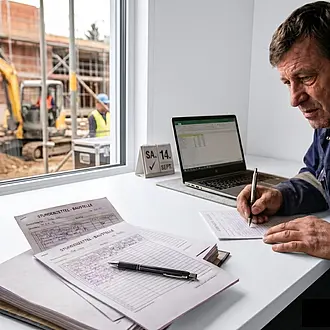 Bauleiter füllt handschriftliche Stundenzettel im Container aus, während im Hintergrund ein Bagger arbeitet.