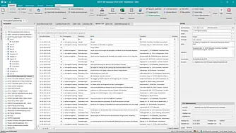 Bautagebucheditor mit Liste projektbezogener Notizen und Detailansicht eines ausgewählten Eintrags
