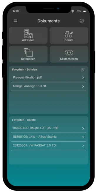 Screenshot der Dokumentenübersicht in Pro-Bau/S® AddOne mit Favoritenfunktion für schnellen Zugriff auf Dateien und Kategorien.