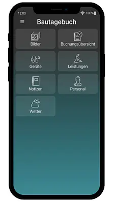 Smartphone zeigt den Startbildschirm der AppOne Bautagebuch-App mit Menüpunkten für Bilder, Geräte, Leistungen, Personal und Wetterdaten.