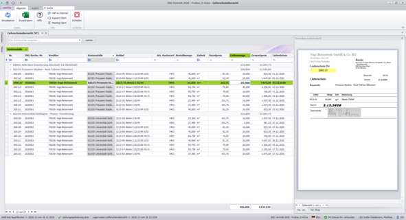 Screenshot Bausoftware, Lieferscheinübersichten, Pro-Bau/S® AddOne