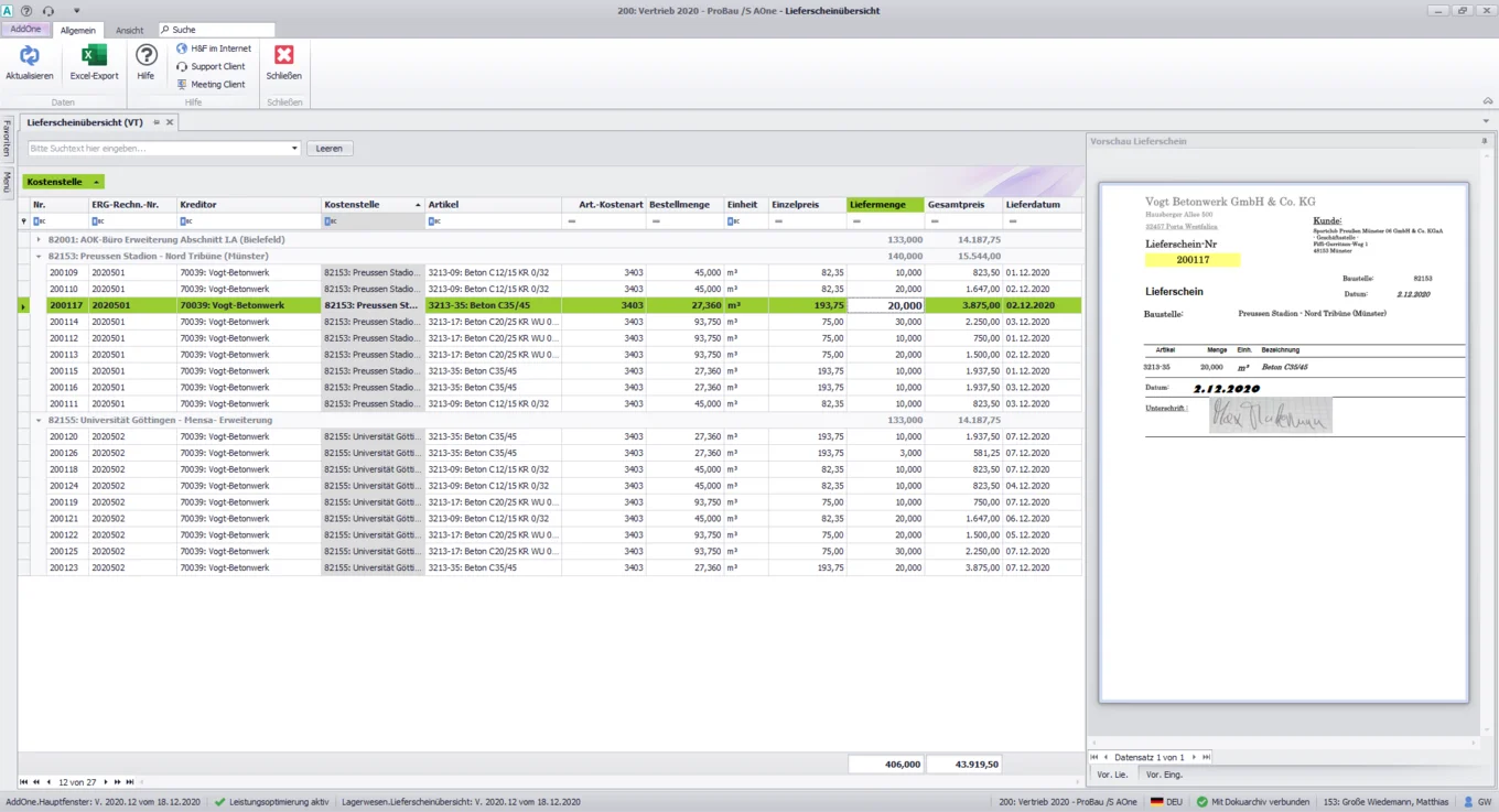 Screenshot Bausoftware, Lieferscheinübersichten, Pro-Bau/S® AddOne